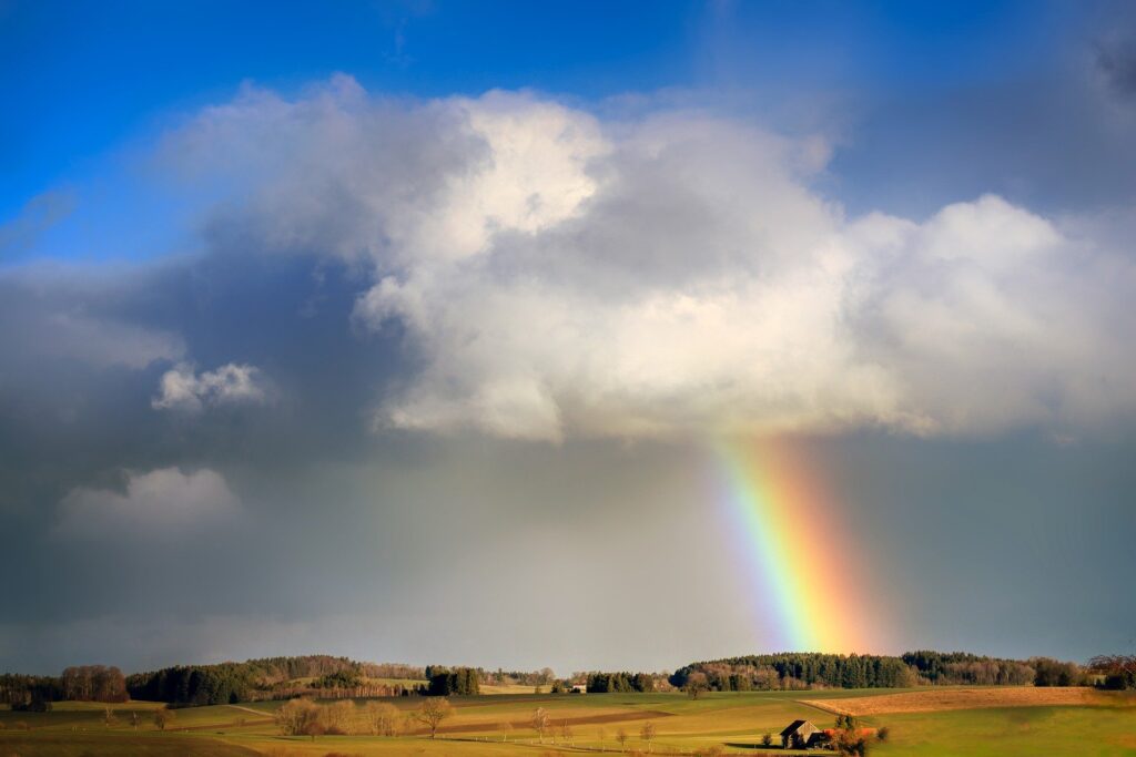 Mood church spectrum clouds rain rainbow trees Free Photo