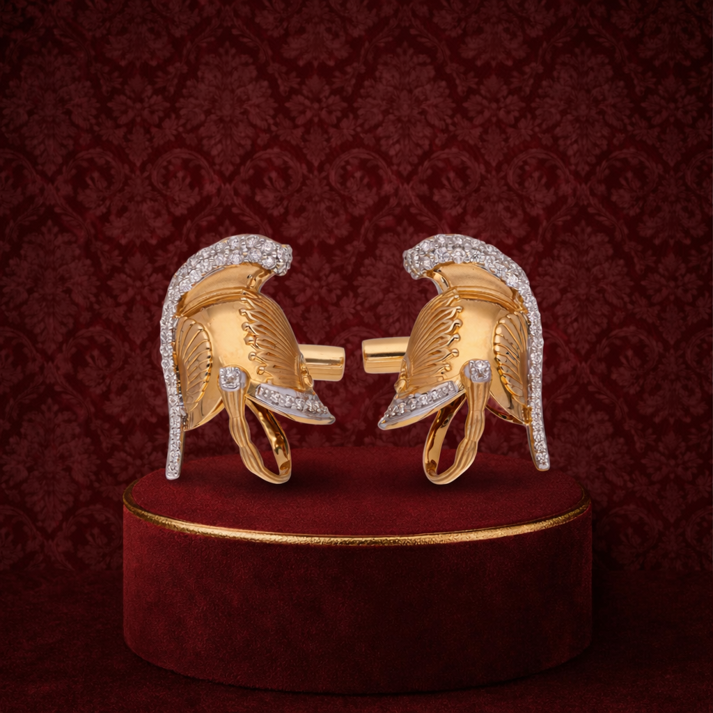 Gold cufflinks inspired by the Nizam’s royal helmet with diamond detailing and heritage craftsmanship