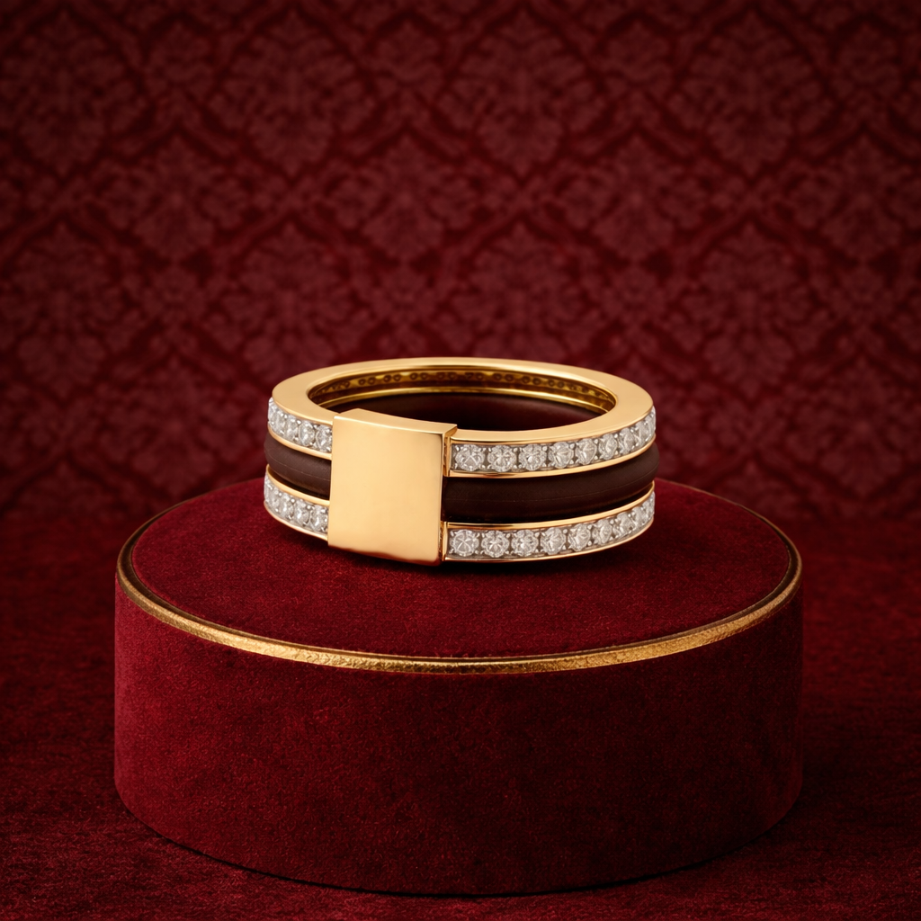 Diamond gold ring for men with dual diamond bands and contemporary design