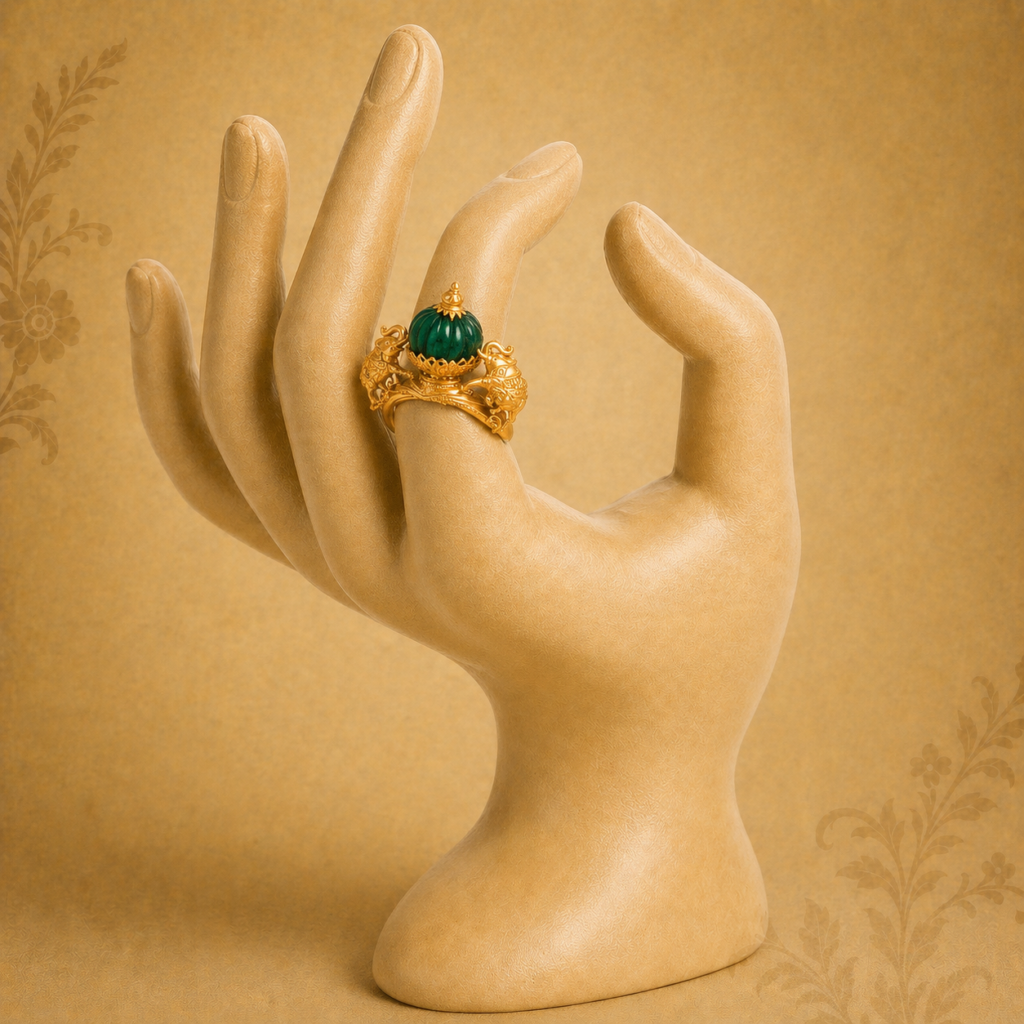 Deccan Collection gold ring with emerald centre stone, elephant motifs and intricate heritage craftsmanship