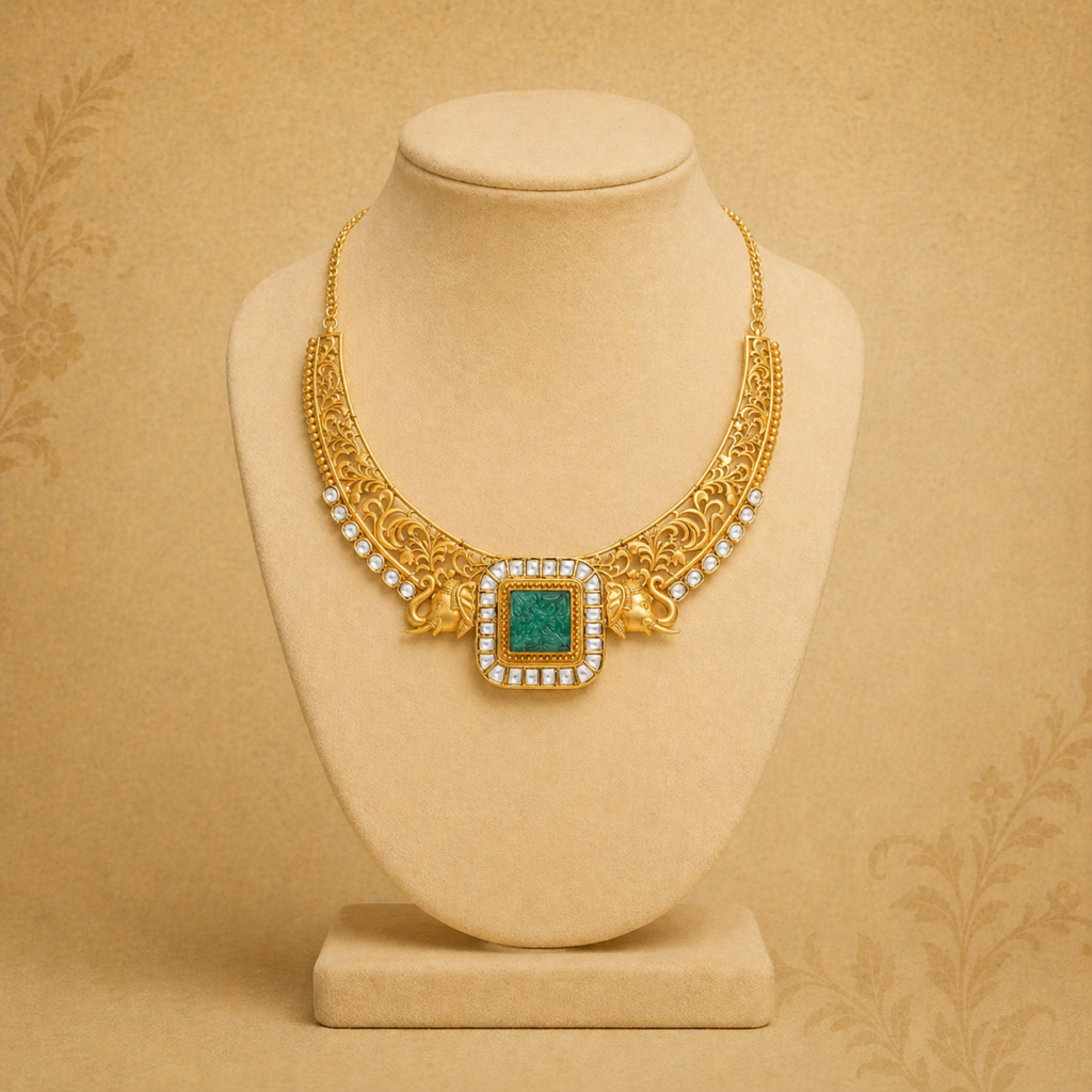 Deccan Collection gold necklace with emerald centre stone, intricate filigree detailing and uncut diamond accents