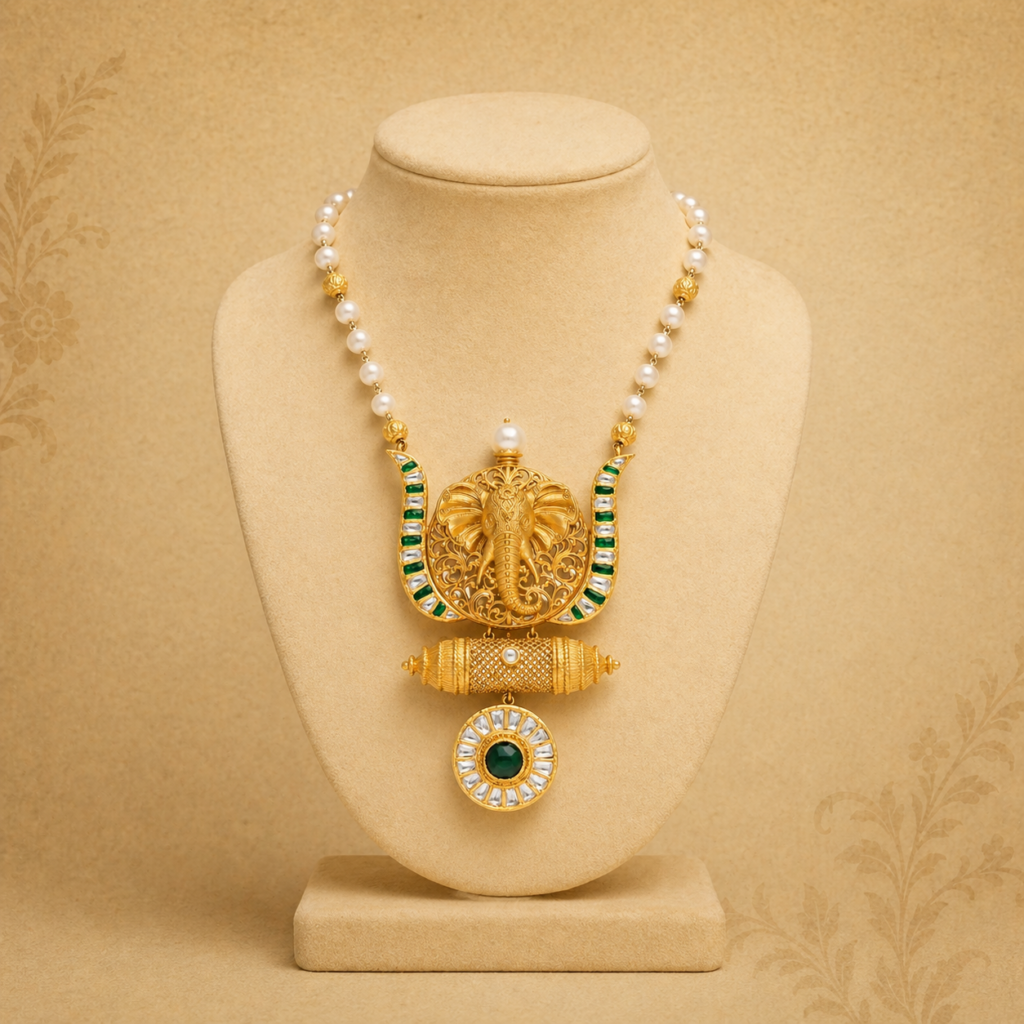 Deccan Collection gold pendant necklace with pearl chain, elephant motif, emerald stones and kundan detailing