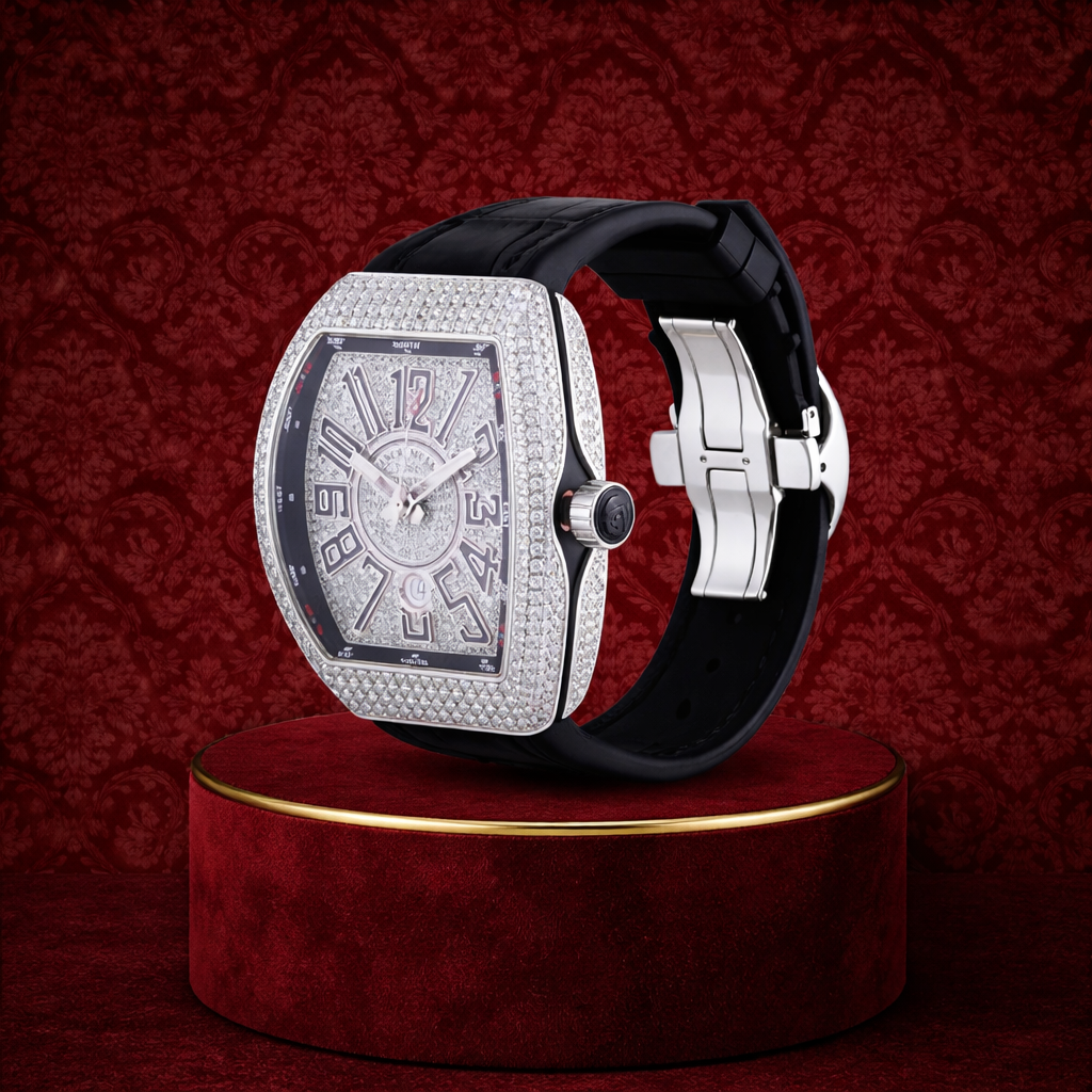 Diamond watch for men with black strap and diamond dia