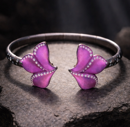 Pink enamel butterfly cuff bracelet with diamond accents, designer statement bracelet, luxury gemstone jewellery.