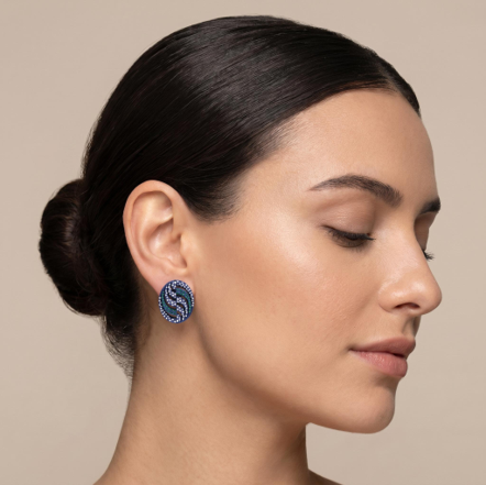 Blue titanium pendant and stud earrings with diamond accents, designer titanium jewellery, contemporary luxury gemstone set.