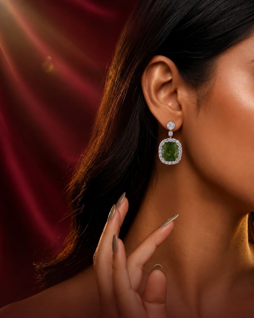 18K gold peridot and diamond drop earrings featuring a cushion-cut green peridot with a sparkling diamond halo design.