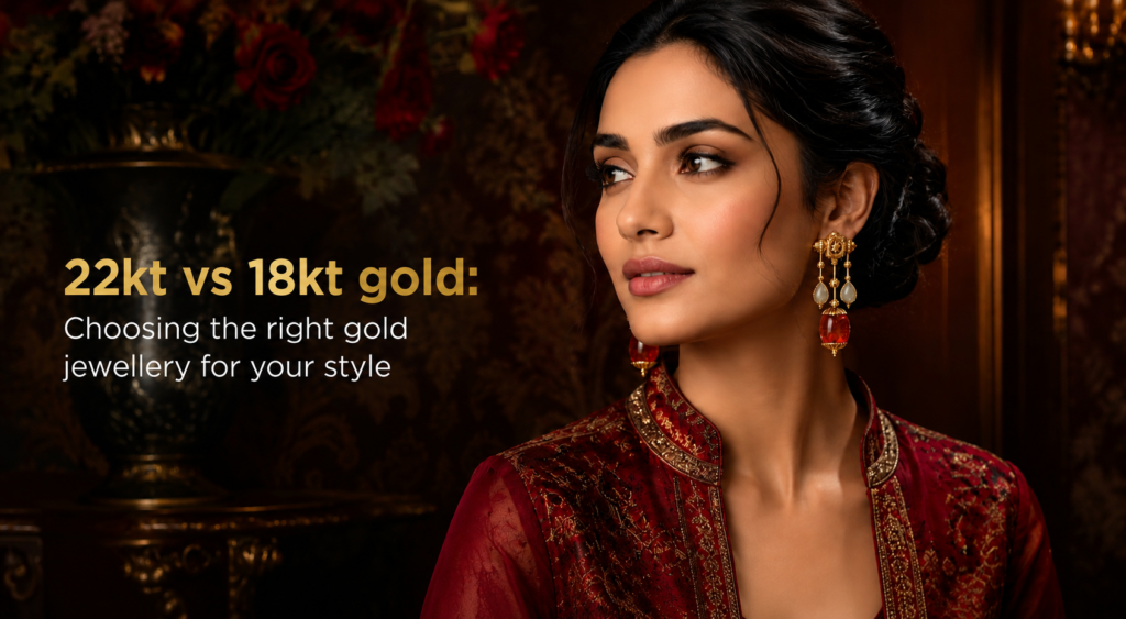 22kt vs 18kt gold jewellery guide featuring a woman wearing traditional gold earrings, highlighting how to choose the right gold jewellery for your style.