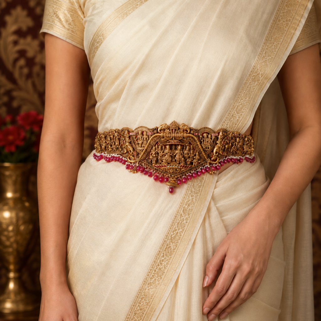 Traditional South Indian temple jewellery gold waist belt featuring intricate deity motifs, sculptural detailing, ruby bead drops and pearl accents, styled with an ivory silk saree.