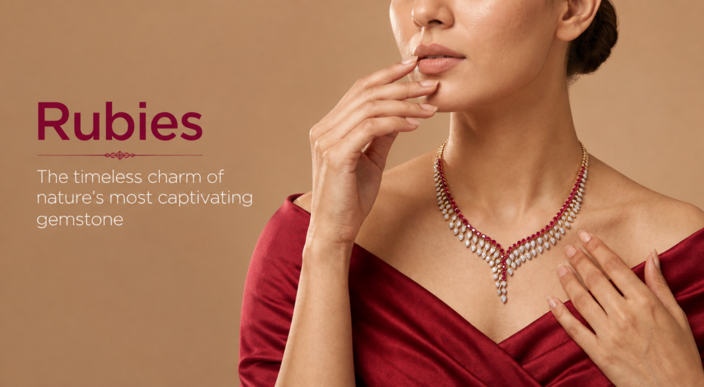 Ruby and diamond necklace featuring vivid red rubies and brilliant diamonds in an elegant contemporary gold design.