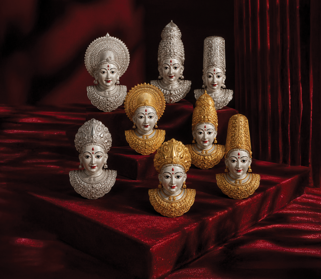 92.5 silver Ashta Lakshmi mukhwada set with silver and gold polish, featuring eight traditional Goddess Lakshmi designs for pooja and festive worship.