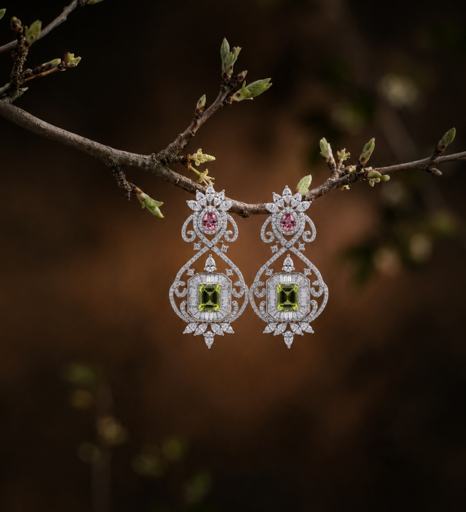18K gold peridot and diamond drop earrings featuring vibrant green peridot gemstones and an intricate floral design.