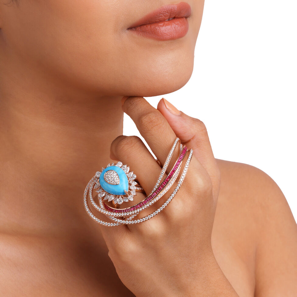 Turquoise, ruby and diamond statement ring in coloured gemstone jewellery