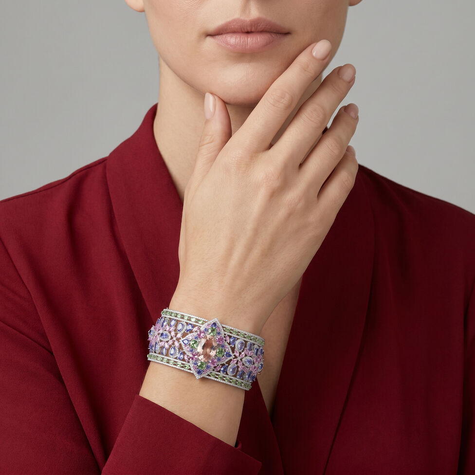 Multicoloured gemstone and diamond cuff bracelet styled with a burgundy outfit