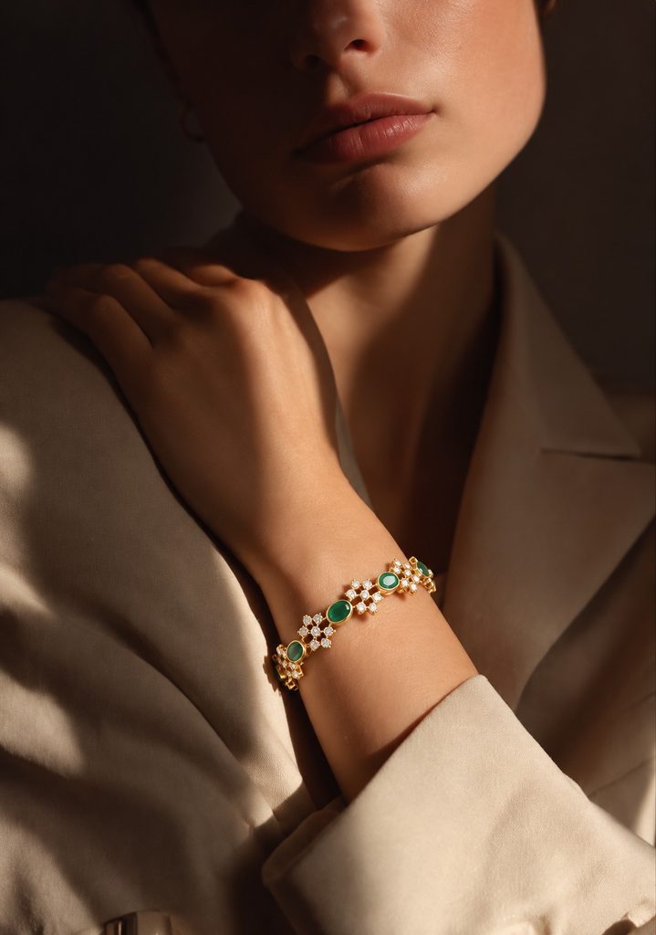 C. Krishniah Chetty coloured gemstone bracelet with green and pink accents