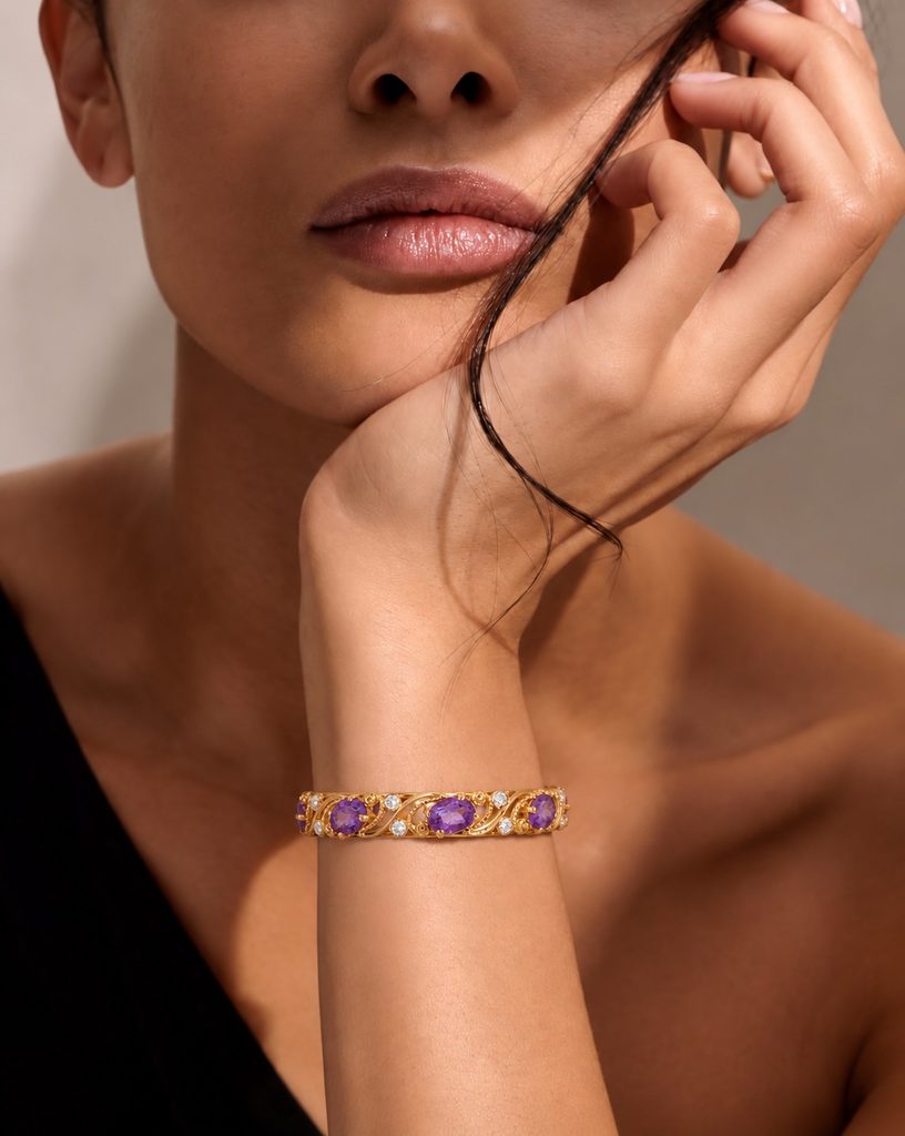 C. Krishniah Chetty violet gemstone bangle styled as a refined statement for the wrist