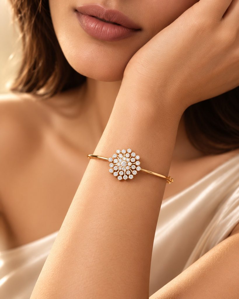 C. Krishniah Chetty diamond bracelet with a clustered circular motif styled on the wrist
